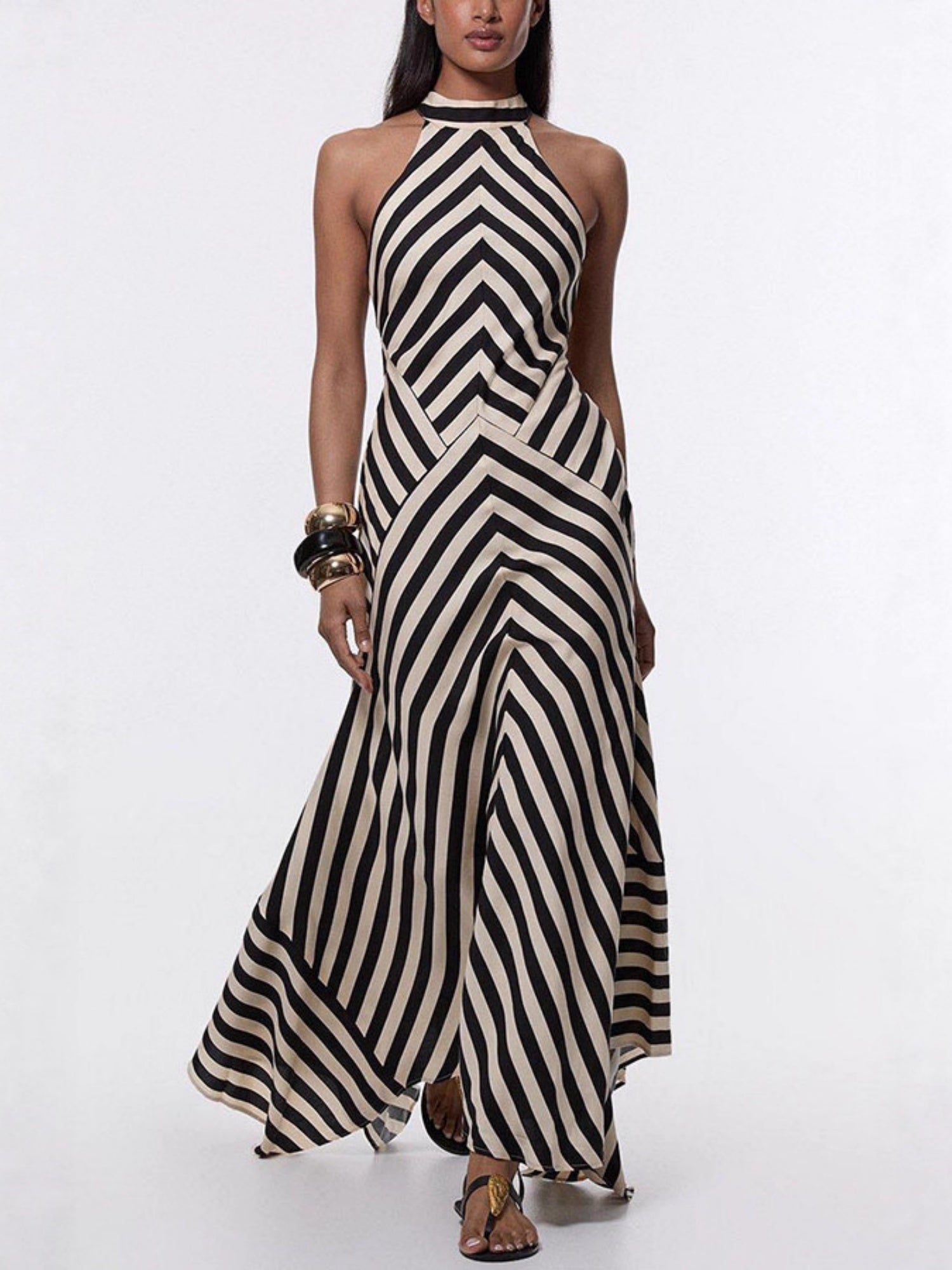 Striped Color Blocking Halter Neck And Backless Maxi Dresses