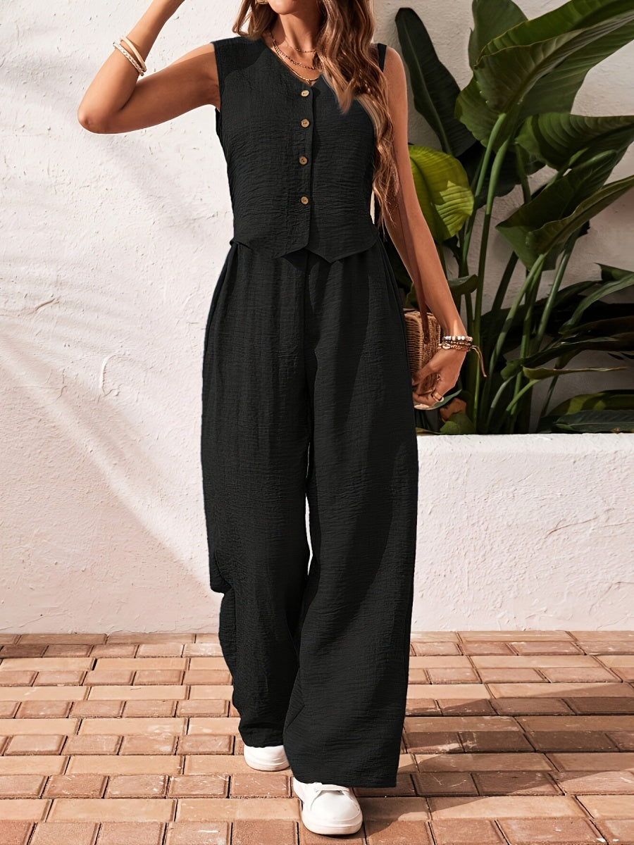 Pleated Solid Color Sleeveless Button Vest Wide-leg Pants 2-piece Sets