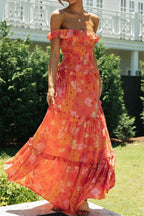 Large Floral Print Off Shoulder Smocked Ruffle Trim Three Tier Maxi Dress