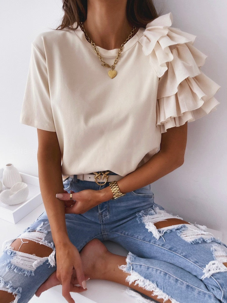 Ruffled Short-sleeved Crew Neck T-shirt