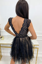 Lace Deep V-Neck Cap Sleeve Tiered Tulle Handkerchief Hem Mini Dress