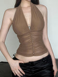 Mesh Pleats V-neck Halter Neck Backless Tank Tops