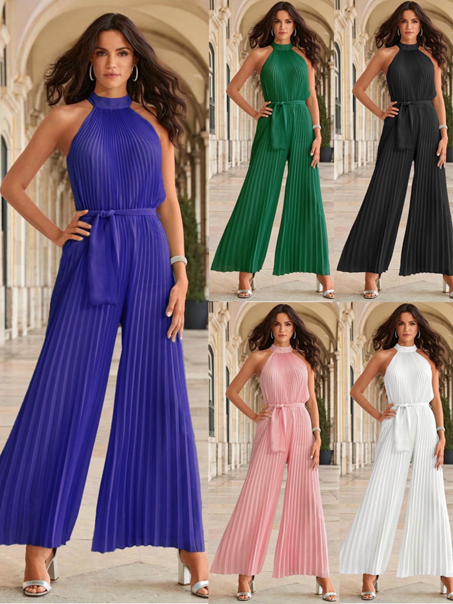 Halter-neck Sleeveless Waist Cinching With Straps High-waisted Pleats Jumpsuits