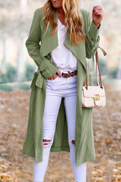 Drap Front Tie Waist Solid Fall Midi Cardigan