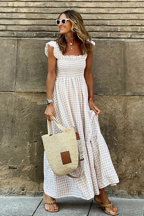 Gingham Check Smocked Square Neck Tiered Ruffle Spaghetti Strap Maxi Dress