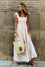 Gingham Check Smocked Square Neck Tiered Ruffle Spaghetti Strap Maxi Dress