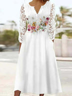 Floral Band Waist Henley V-Neck Lace Sleeve A-Line Midi Dress