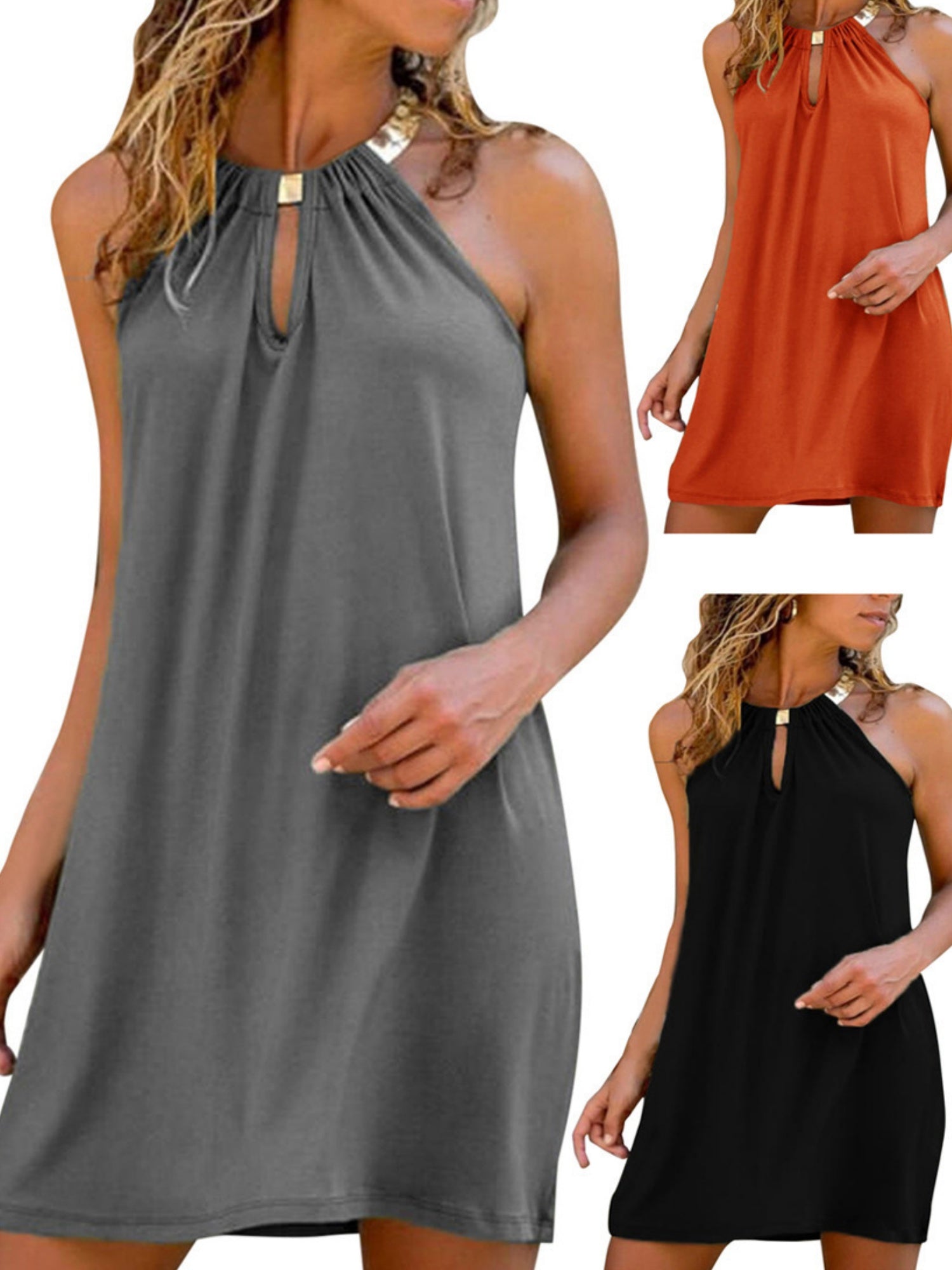 Metal Ring Neckband Hollow Out Sleeveless Mini&Short Dresses