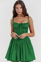 Lace Trim Corset Tie Front Bustier Gathered Skirt Mini Dress