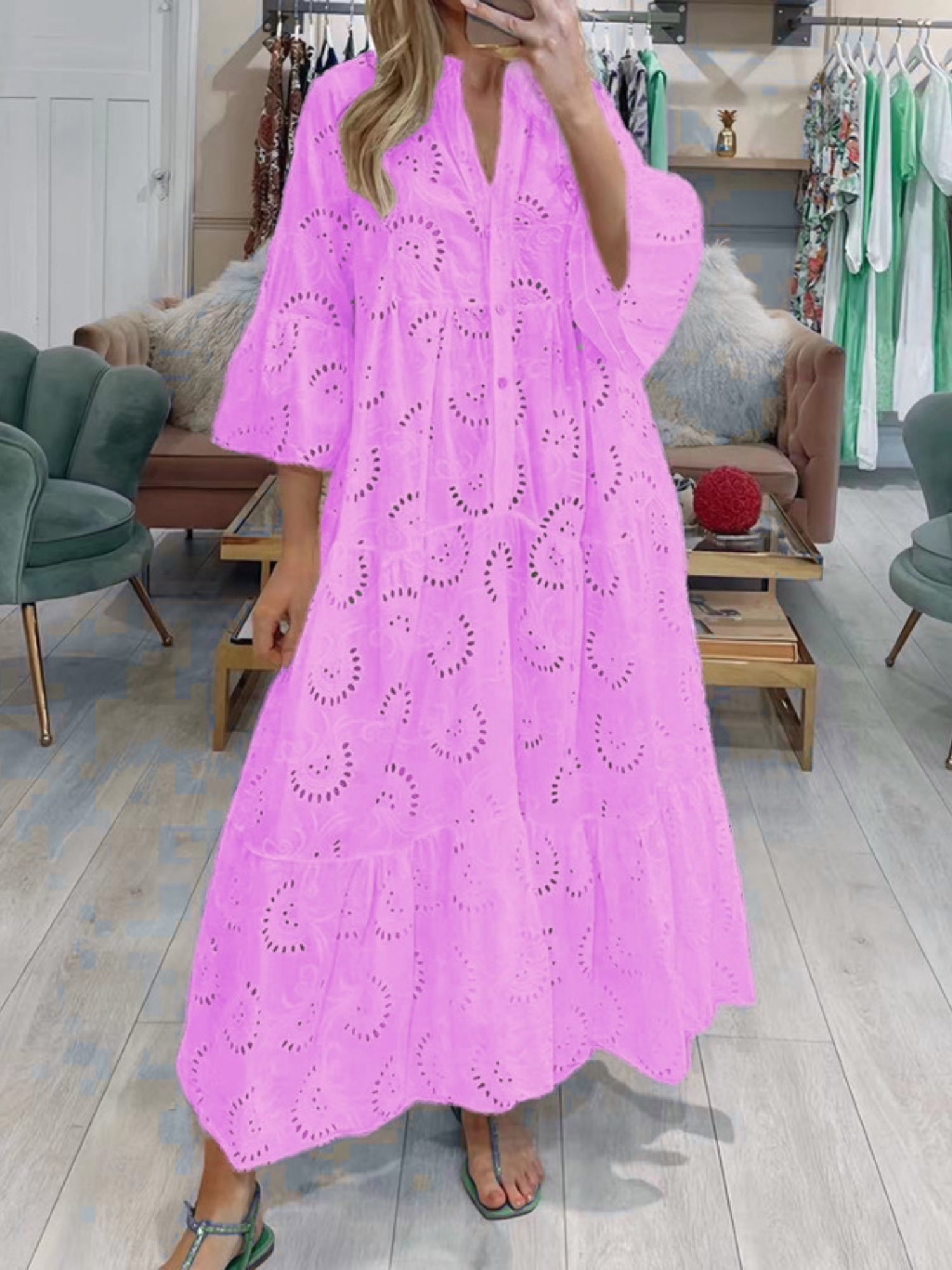Lace Cutout V-neck Buttons  Flare Sleeve Maxi Dresses