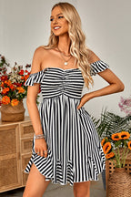 Off-the-Shoulder Smocked Vertical Striped Ruffle Hem Mini Dress