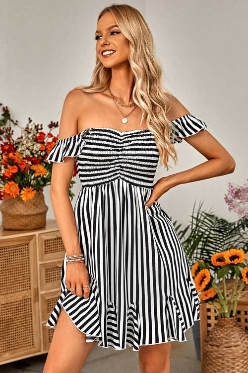 Off-the-Shoulder Smocked Vertical Striped Ruffle Hem Mini Dress