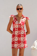 Tie Shoulder Deep V-Neck Patchwork Floral Print Mini Dress