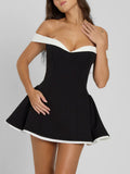 Color-blocked Off-shoulder Backless Waist Shaping Mini&Short Dresses