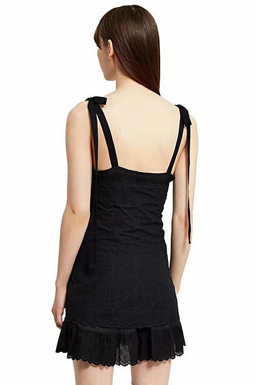 Eyelet Lace Spaghetti Strap Ruffle Neck Lace Up Corset Ruffle Hem Mini Dress