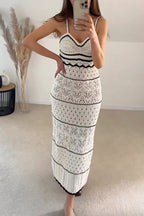 V Neck Crochet Hollow Out Color Block Knitting Maxi Cami Dress