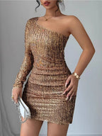 Sloping Shoulders Sequins Long Sleeves Hip Wrap Mini&Short Dresses