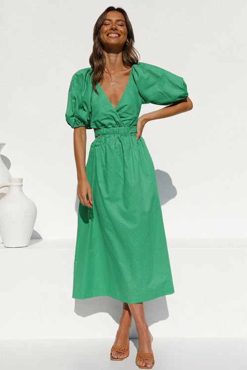 Deep V-Neck Puff Sleeve Side Waist Cutout A-Line Midi Dress