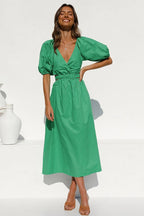 Deep V-Neck Puff Sleeve Side Waist Cutout A-Line Midi Dress