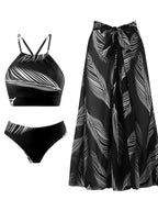 Feather Print Two-Piece Swimsuit With Sun Protection And Skirt (Three-Piece Set)