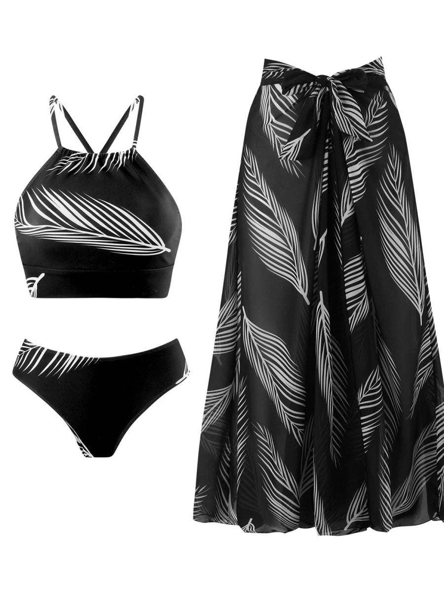 Feather Print Two-Piece Swimsuit With Sun Protection And Skirt (Three-Piece Set)