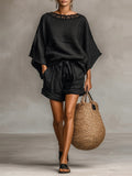 Simplicity Hood Batwing Sleeves T-shirts Bandage Loose-fit Stylish Shorts Set 2-piece Sets