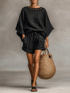 Simplicity Hood Batwing Sleeves T-shirts Bandage Loose-fit Stylish Shorts Set 2-piece Sets