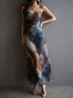 Printed Gradient Hip-hugging Mesh Camisoles Maxi Dresses