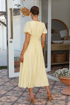 Plisse Texture Puff Sleeve Ruched Waist Button Front Maxi Dress