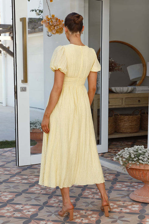 Plisse Texture Puff Sleeve Ruched Waist Button Front Maxi Dress