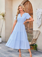 V-neck, Gathered, Puff Sleeve, Full Skirt, Short-sleeved Long Dress