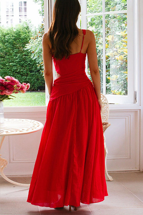 Deep V-Neck Cut Out Waist Sleeveless Wrap Pleated Maxi Dress