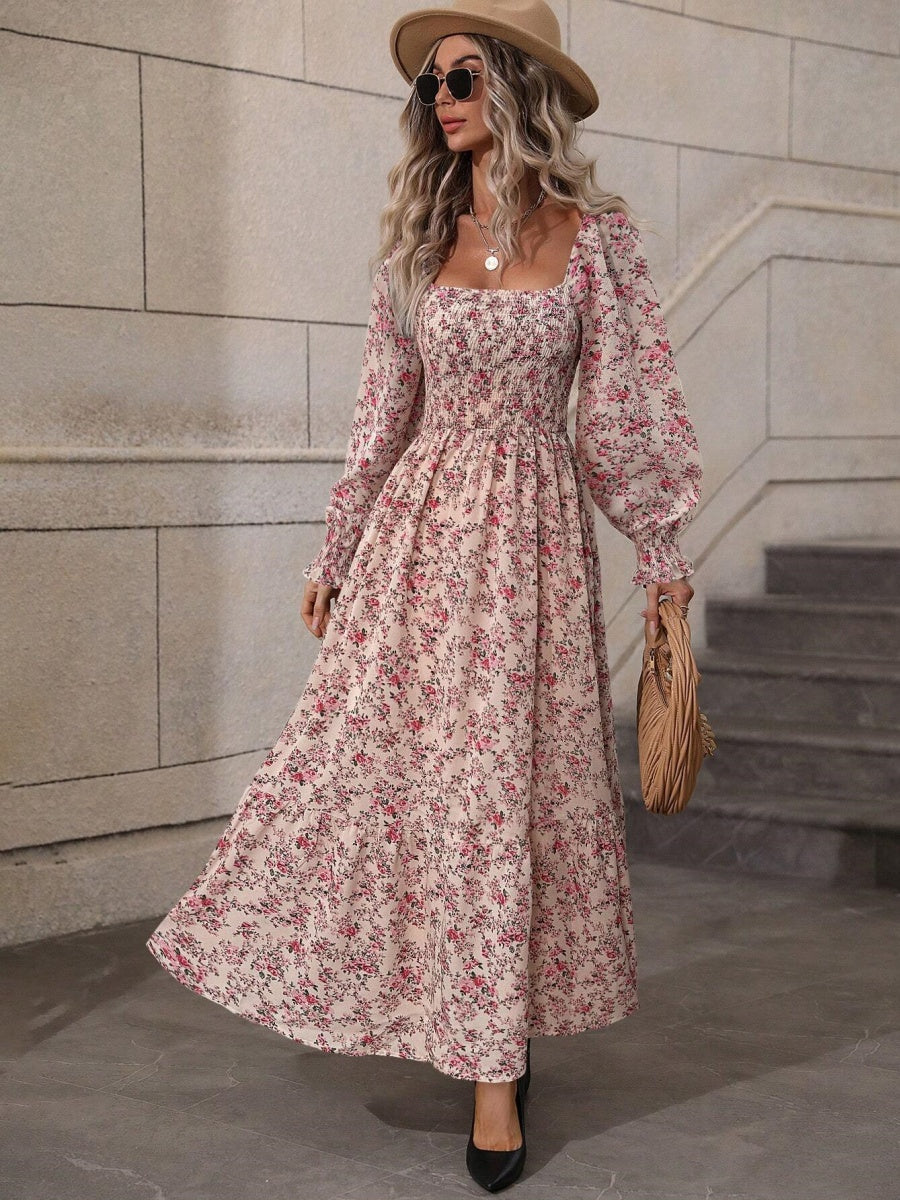 Floral Long Sleeve Square Collar Vacation And Leisure Maxi Dresses