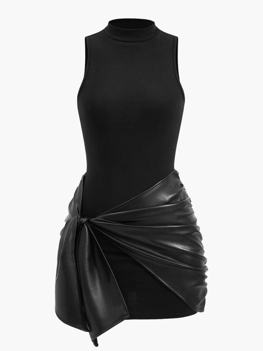 Sleeveless Mini Dress With Front Tie And PU Trim Two-piece Set