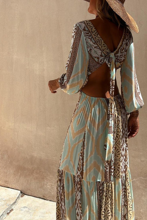 Mixed Print Deep V-Neck Ring Waist Cut Out Bishop Sleeve Tiered Maxi Dress