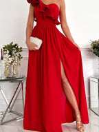 Sleeveless Long Dress With Ruffled Hem And Slit