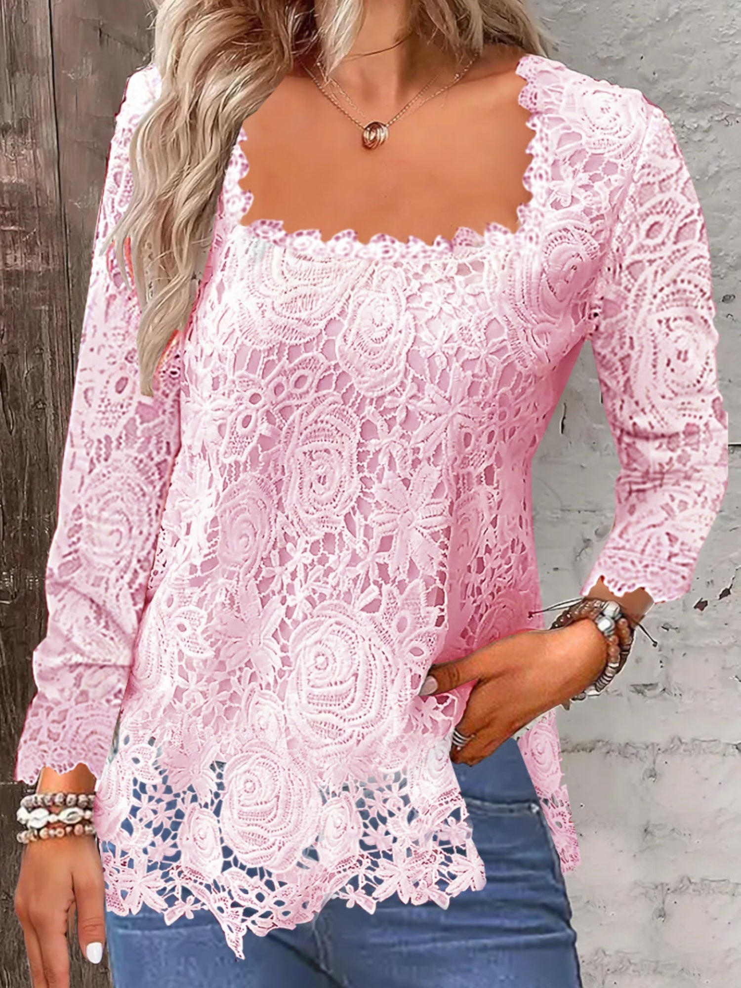 Lace Trim Square Collar Long-sleeved T-shirt