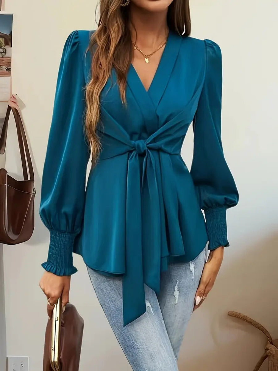V-neck Tie-waist Solid Color T-shirt