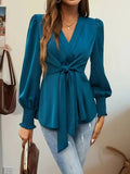 V-neck Tie-waist Solid Color T-shirt