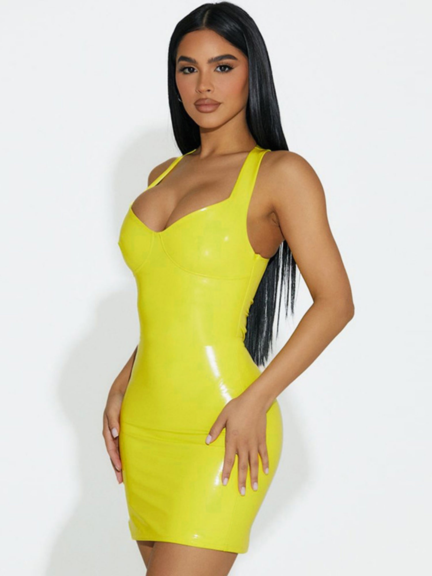 PU Glossy Leather Waist-cinching And Hip-hugging Camisoles Mini&Short Dresses