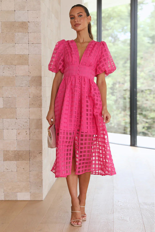 Puff Sleeve Sheer Grid Check Empire Waist Button Front Midi Dress