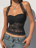 Lace Halter Neck Strap Pleated Backless Tank Tops