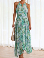 Printed Halter V-neck Sleeveless Maxi Dresses
