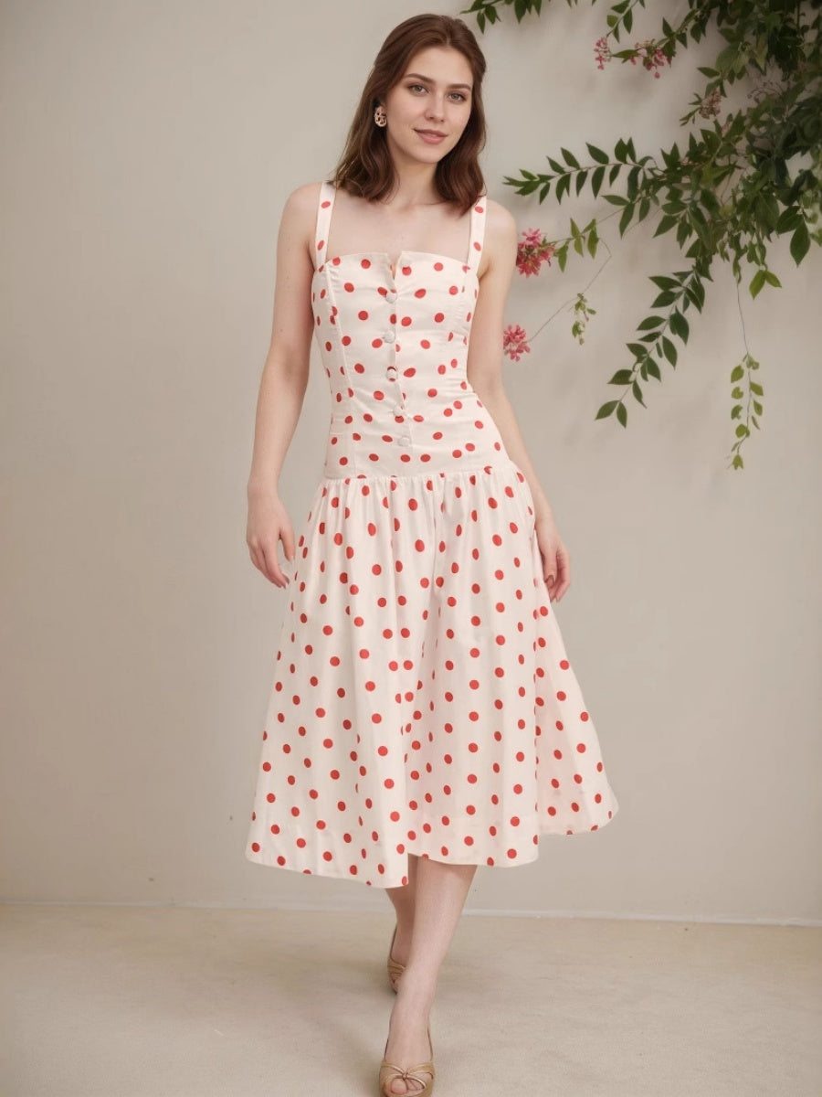 Red Polka Dots Retro Buttons Maxi Dresses
