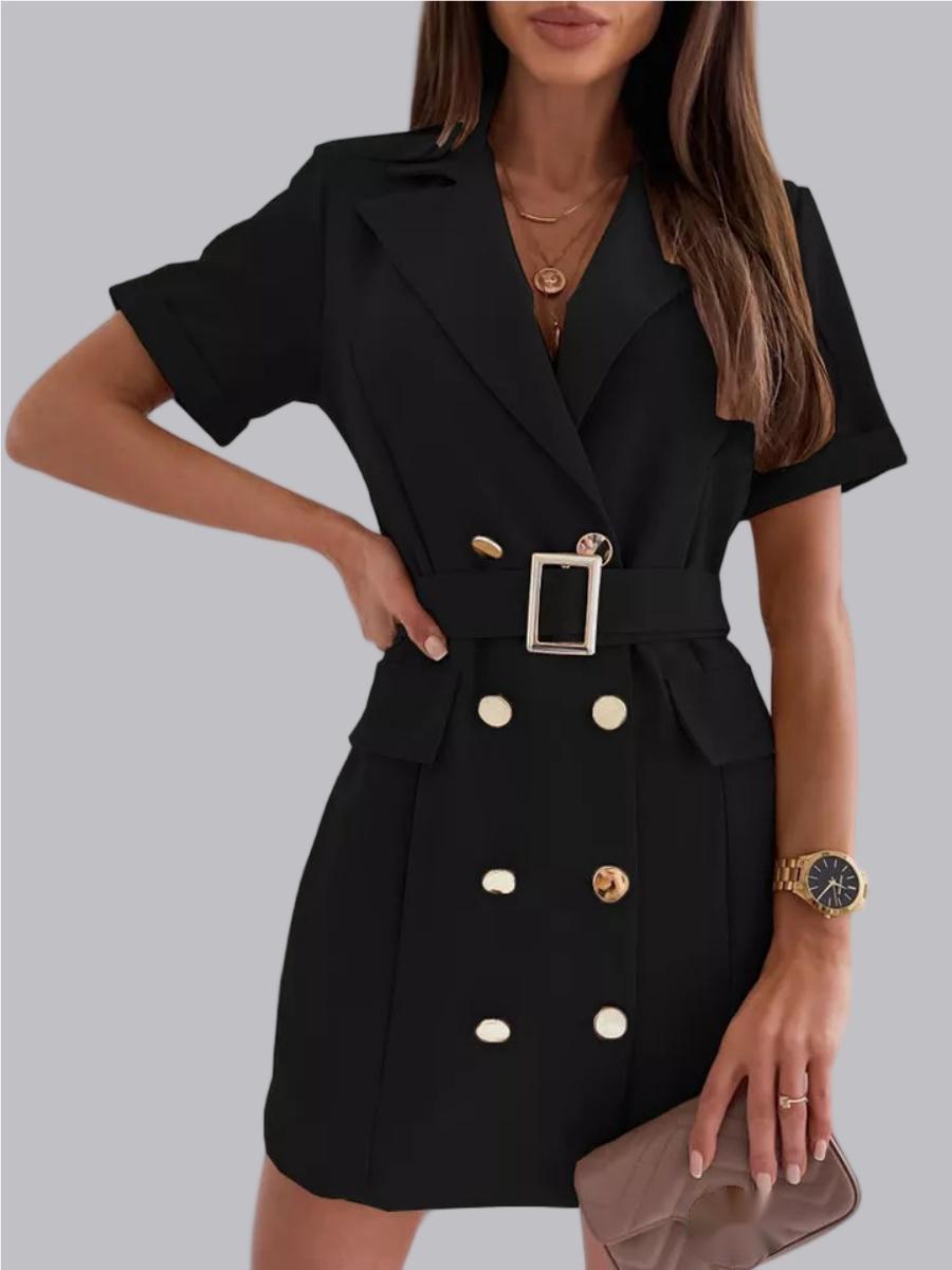 Double-breasted Lapel Belts&Chain Short Sleeve Waist Short Suit Dress