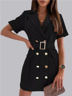 Double-breasted Lapel Belts&Chain Short Sleeve Waist Short Suit Dress