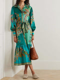 Paisley Print Collar Lantern Sleeve Tie Waist Tiered Midi Dress