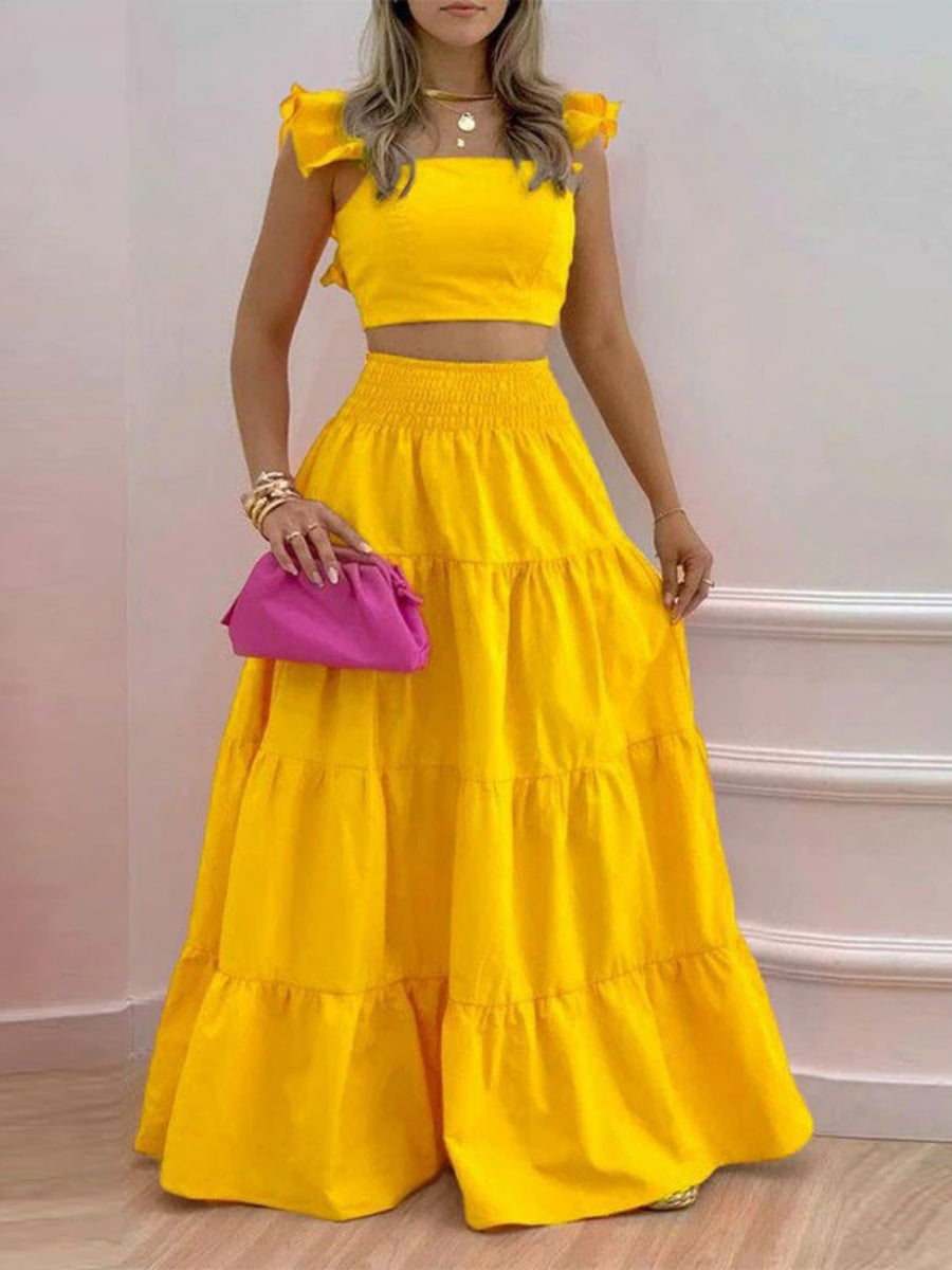 Solid Color Ruffled Trim Two-piece Suspender Skirt Set