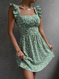 Ruffled Square Neckline, Lotus Leaf Shoulders, Bow-tie, Full Skirt, Floral Print Short Dress