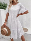 Hollow Out Embroidered Lace Crew Neck Short Sleeve Mini&Short Dresses
